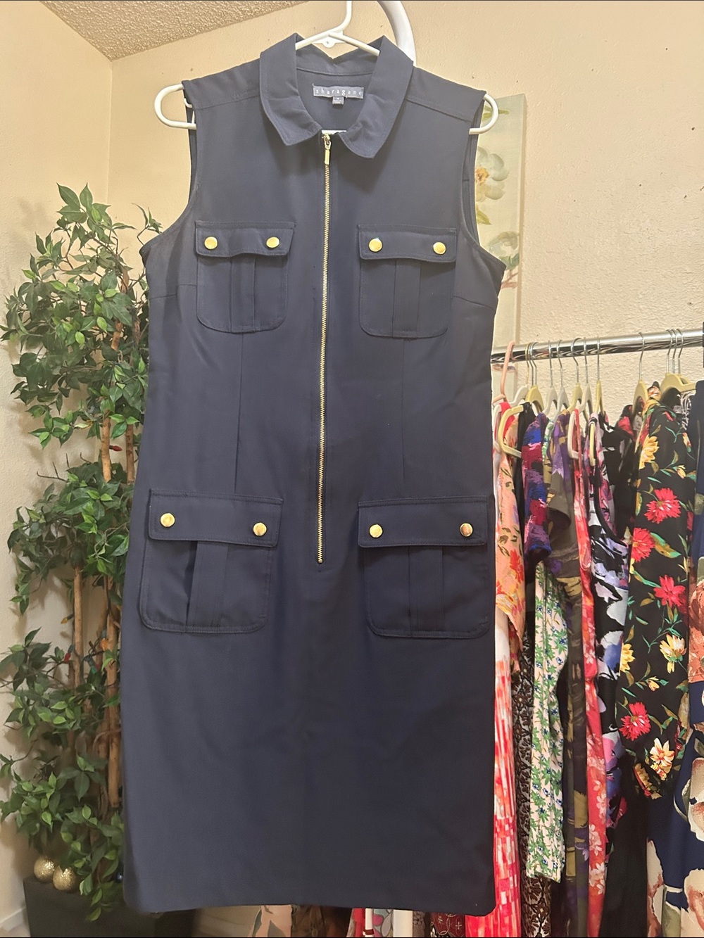 Sharagano Navy Sleeveless Midi Dress with Gold Buttons
